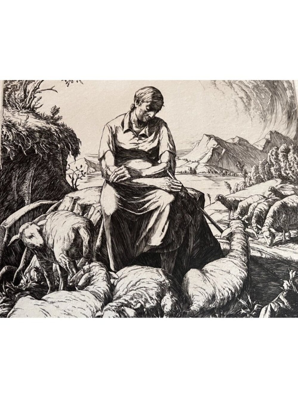 Carl M Schultheiss Pastoral I Signed Original Engraving Sheep Shepherd 1947